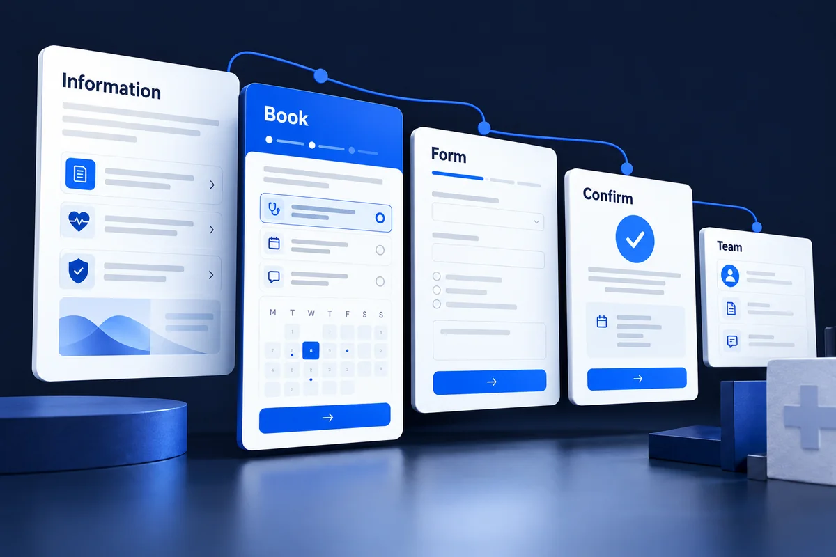 Illustrative healthcare interfaces connecting service information, booking, consultation form, confirmation and team handoff