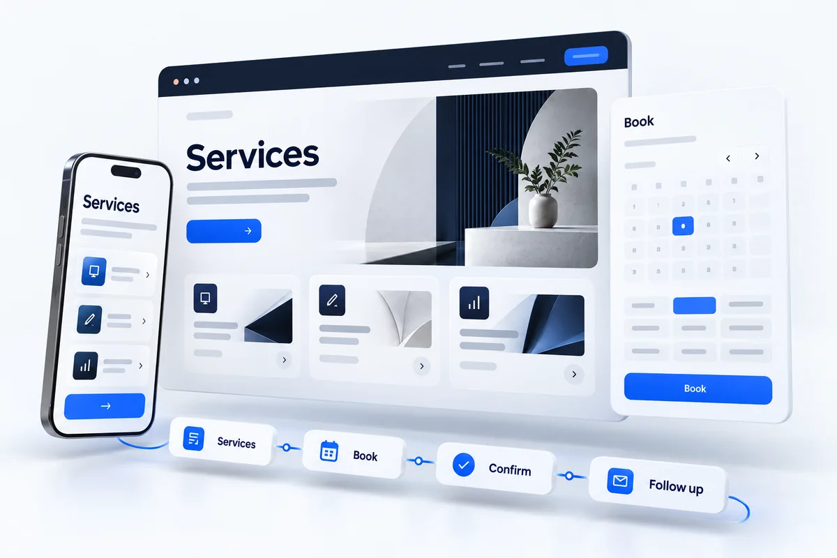 Illustrative connected website, mobile booking and customer journey composition